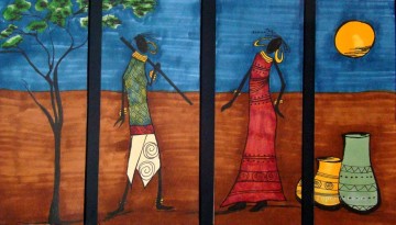 pareja negra bajo la luna en 4 paneles africanos Pinturas al óleo